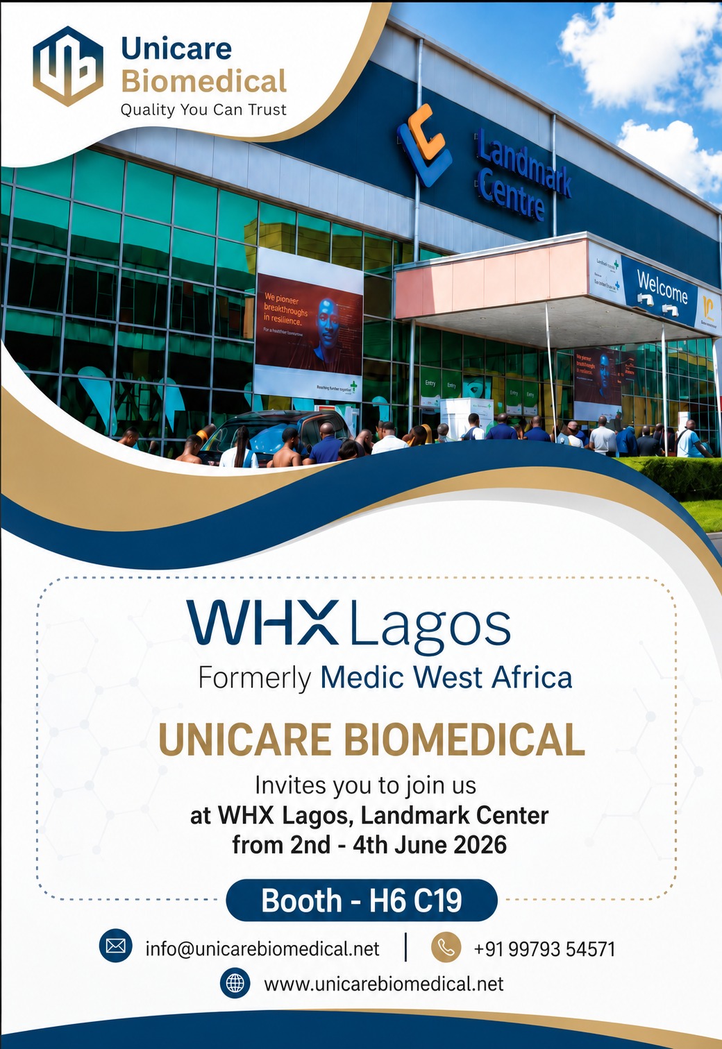Unicare Biomedical WHX Lagos 2026 poster for booth H6 C19 at Landmark Center